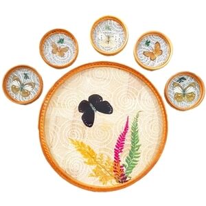 1970s Pressed Butterfly Bamboo Coaster & Tray Set